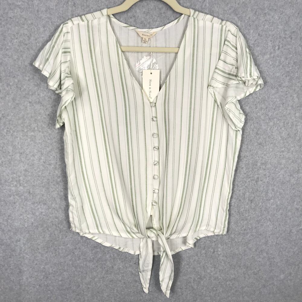 Sim‎ Sam Top Womens XL Green White Blouse Crop Tie Coastal Rodeo Preppy Vacation